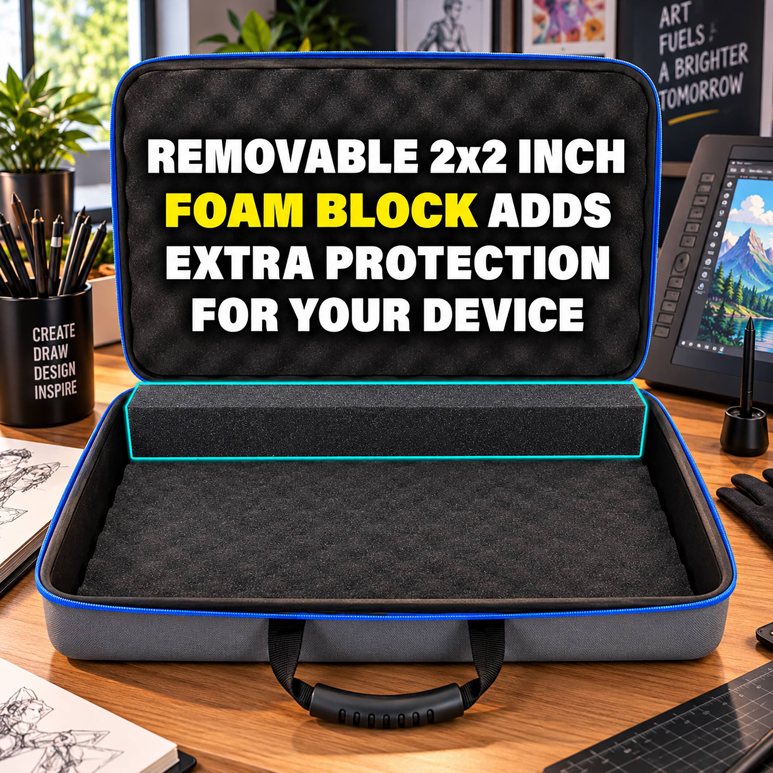 ART FUELS A BRIGHTER TOMORROW

REMOVABLE 2x2 INCH FOAM BLOCK ADDS EXTRA PROTECTION FOR YOUR DEVICE

CREATE DRAW DESIGN INSPIRE