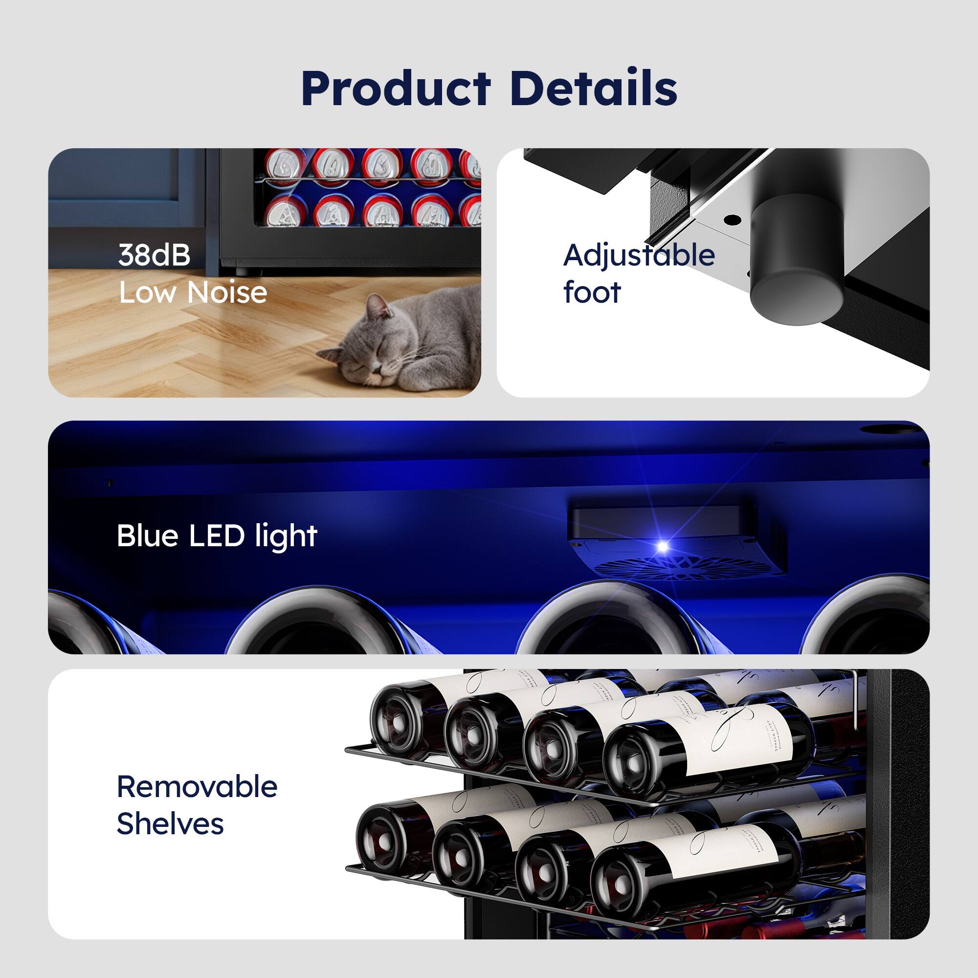 Product Details

- 38dB Low Noise
- Adjustable foot
- Blue LED light
- Removable Shelves