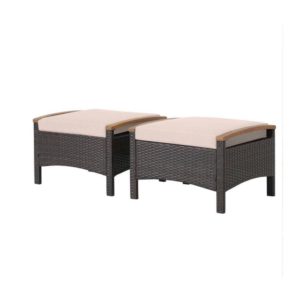 Front. Pefilos - Set of 2 Fade-Resistant Wicker Patio Ottoman, Outdoor Multi-Purpose Ottomans ith Removable Cushions, Sun-Protective PE - Brown.