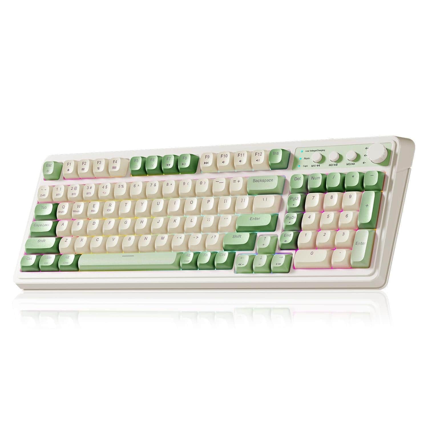 Pacoar Cade - 99 Keys Gaming Tri-mode Bluetooth/hz/usb-c Retro Creamy Color With Number Pad Rgb Media Knob Custom Membrane Computer - Green & Beige
