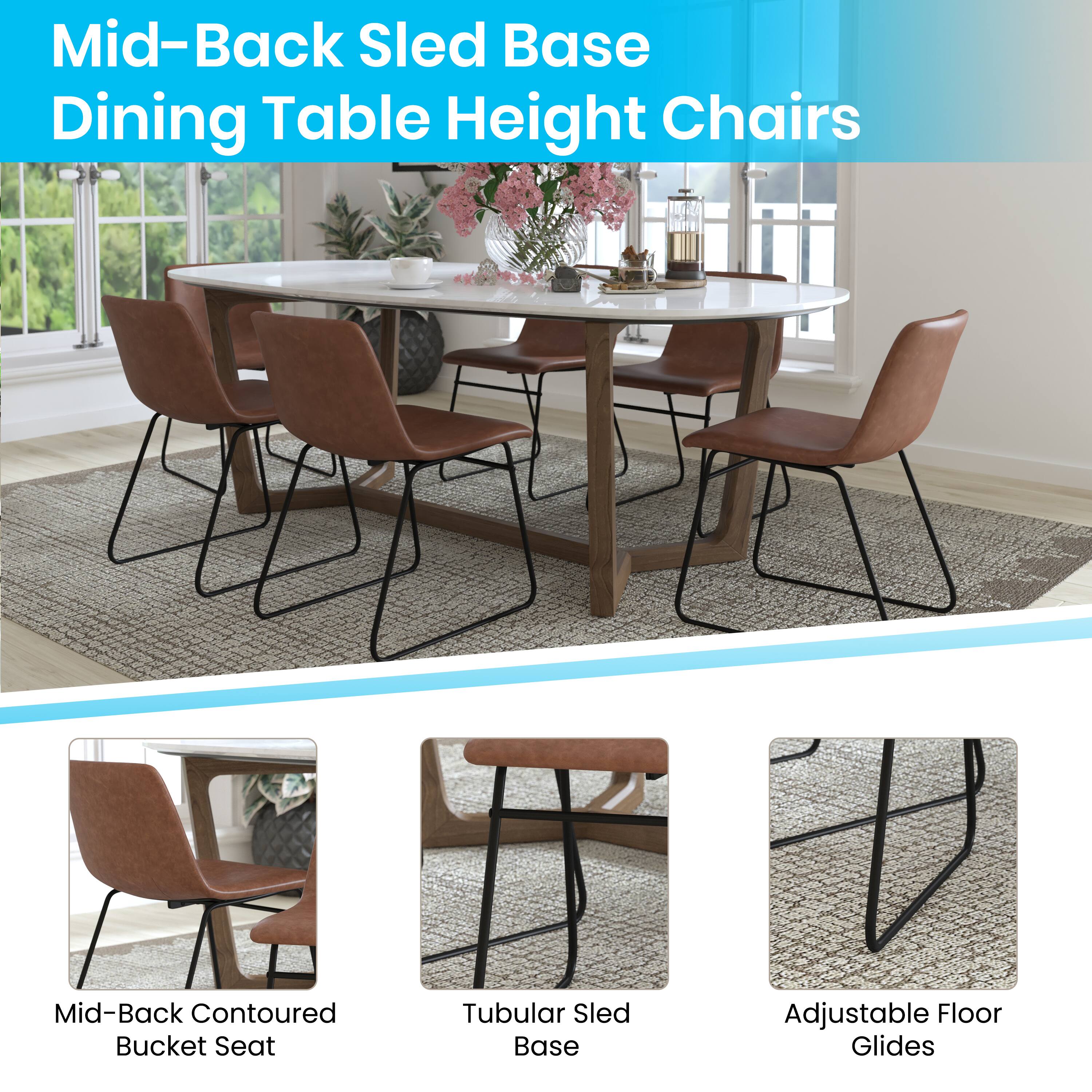 Mid-Back Sled Base Dining Table Height Chairs

- Mid-Back Contoured Bucket Seat
- Tubular Sled Base
- Adjustable Floor Glides