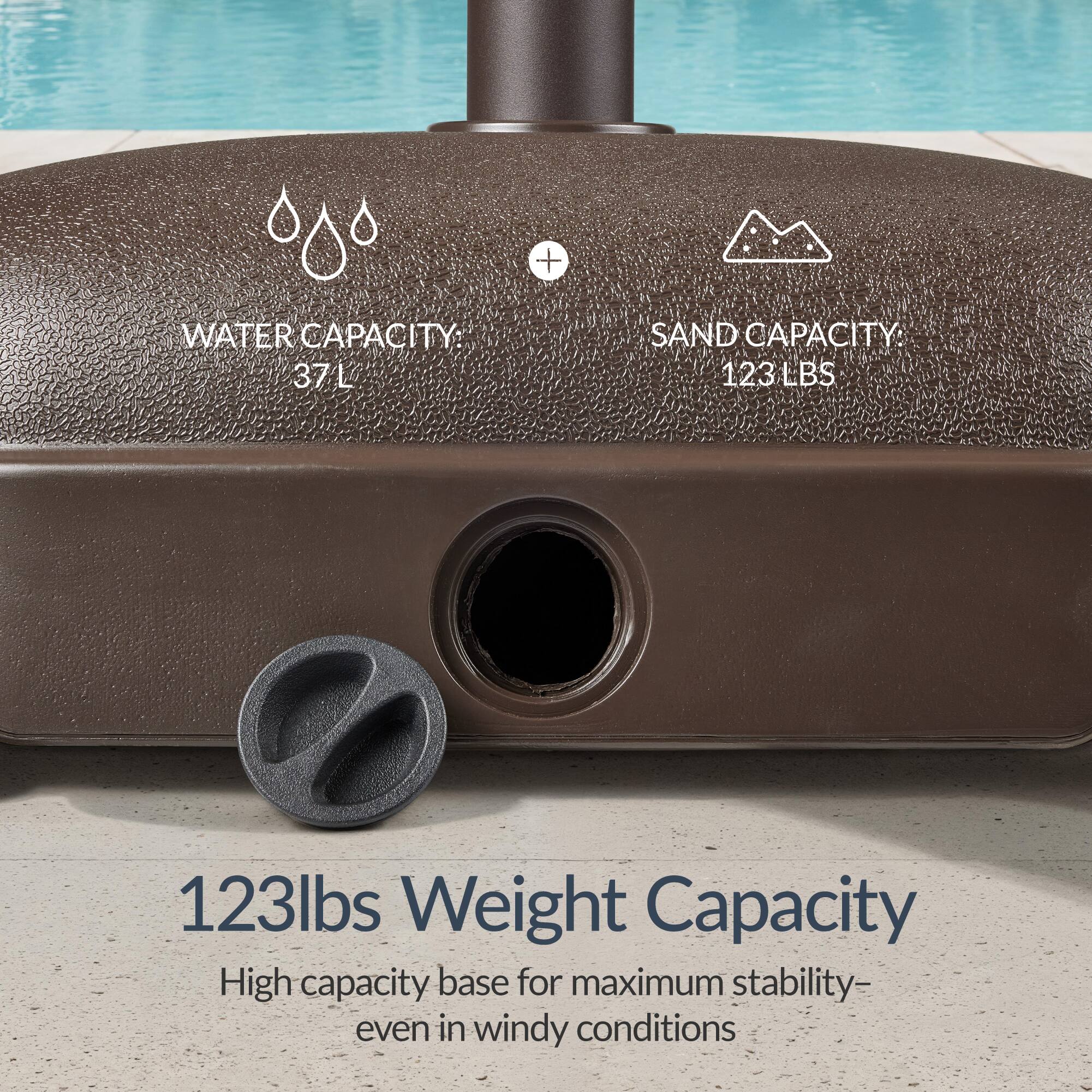 - WATER CAPACITY: 37L
- SAND CAPACITY: 123 LBS
- 123lbs Weight Capacity
- High capacity base for maximum stability- even in windy conditions