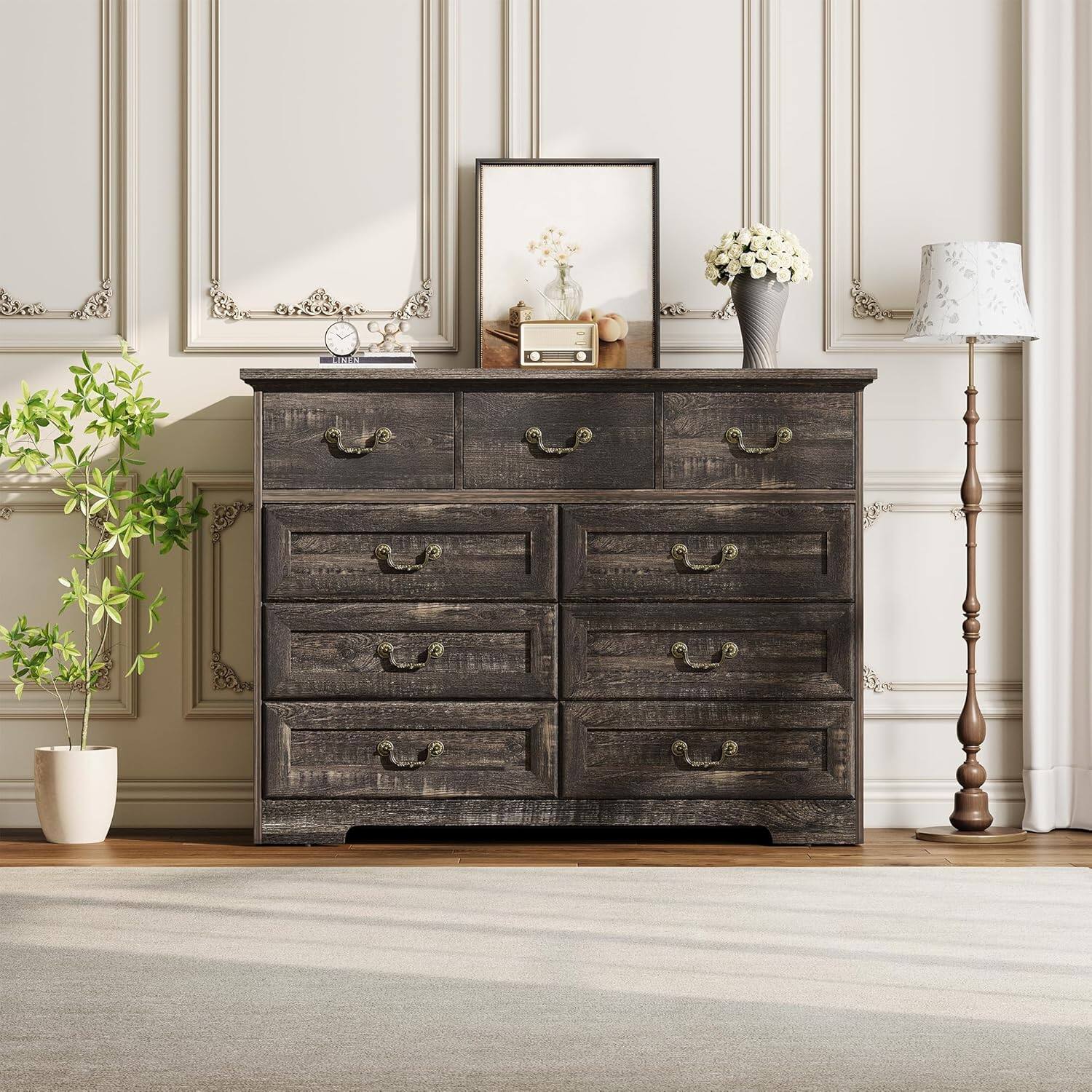 Homhougo - Farmhouse 9-Drawer Dresser, Rustic Vintage Dark Grey Chest with Natural Texture, Spacious Storage Organizer Hallway - Black
