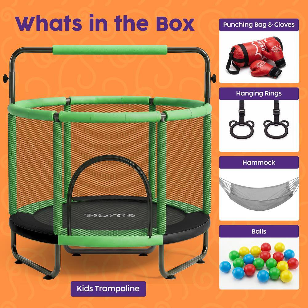 Whats in the Box

- Kids Trampoline
- Punching Bag & Gloves
- Hanging Rings
- Hammock
- Balls