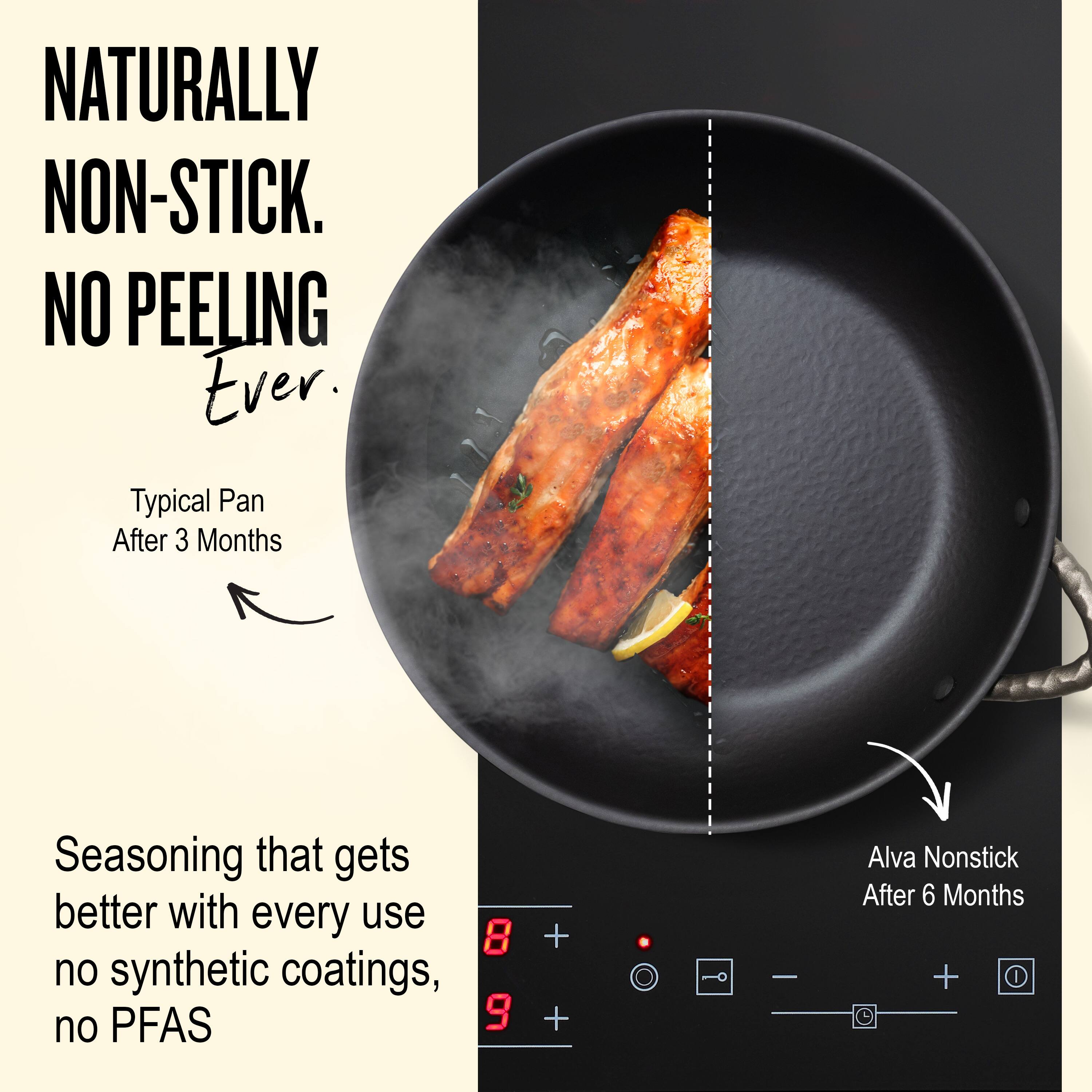 NATURALLY NON-STICK. NO PEELING Ever.

Typical Pan After 3 Months

Seasoning that gets better with every use no synthetic coatings, no PFAS

Alva Nonstick After 6 Months
