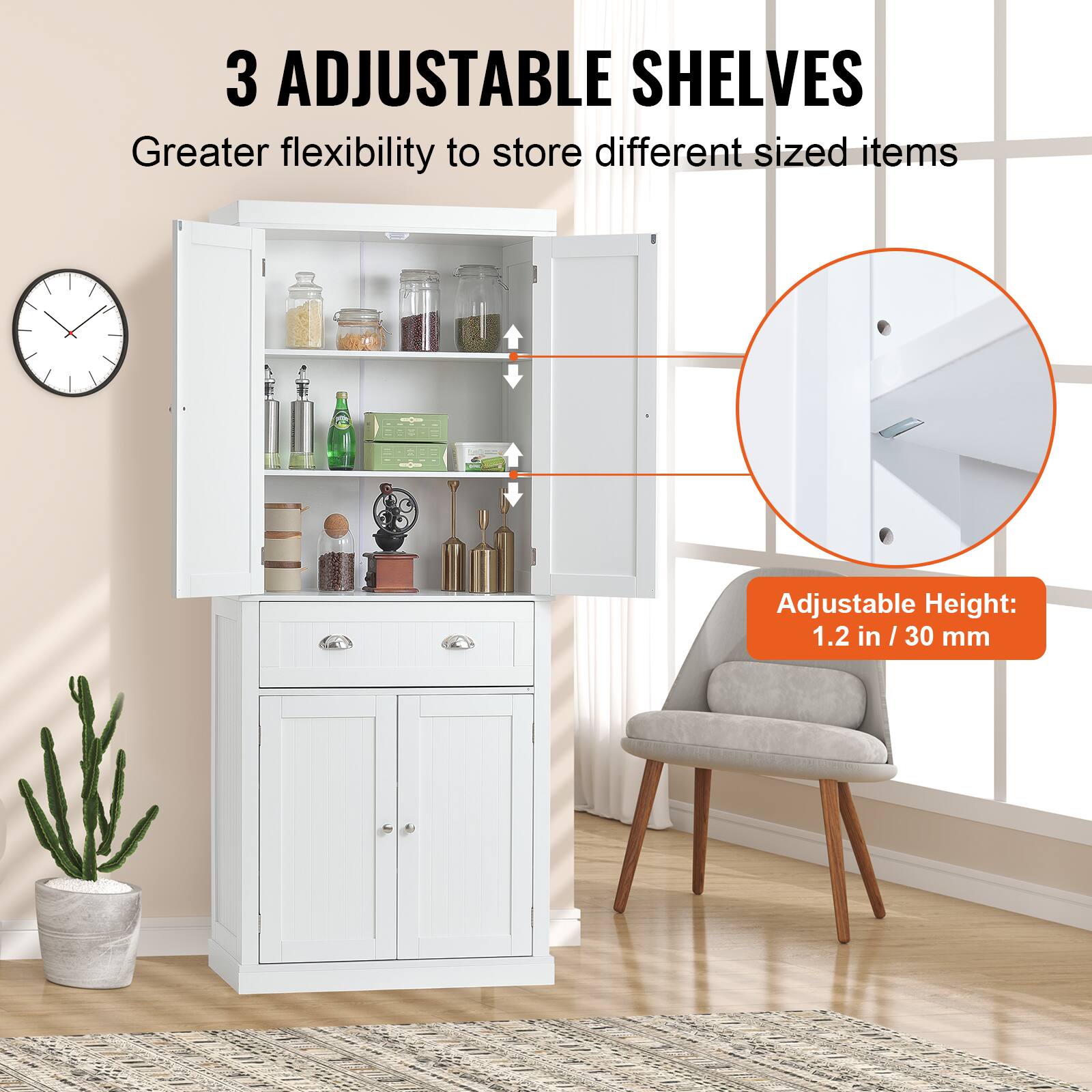 3 ADJUSTABLE SHELVES  
Greater flexibility to store different sized items  

Adjustable Height: 1.2 in / 30 mm