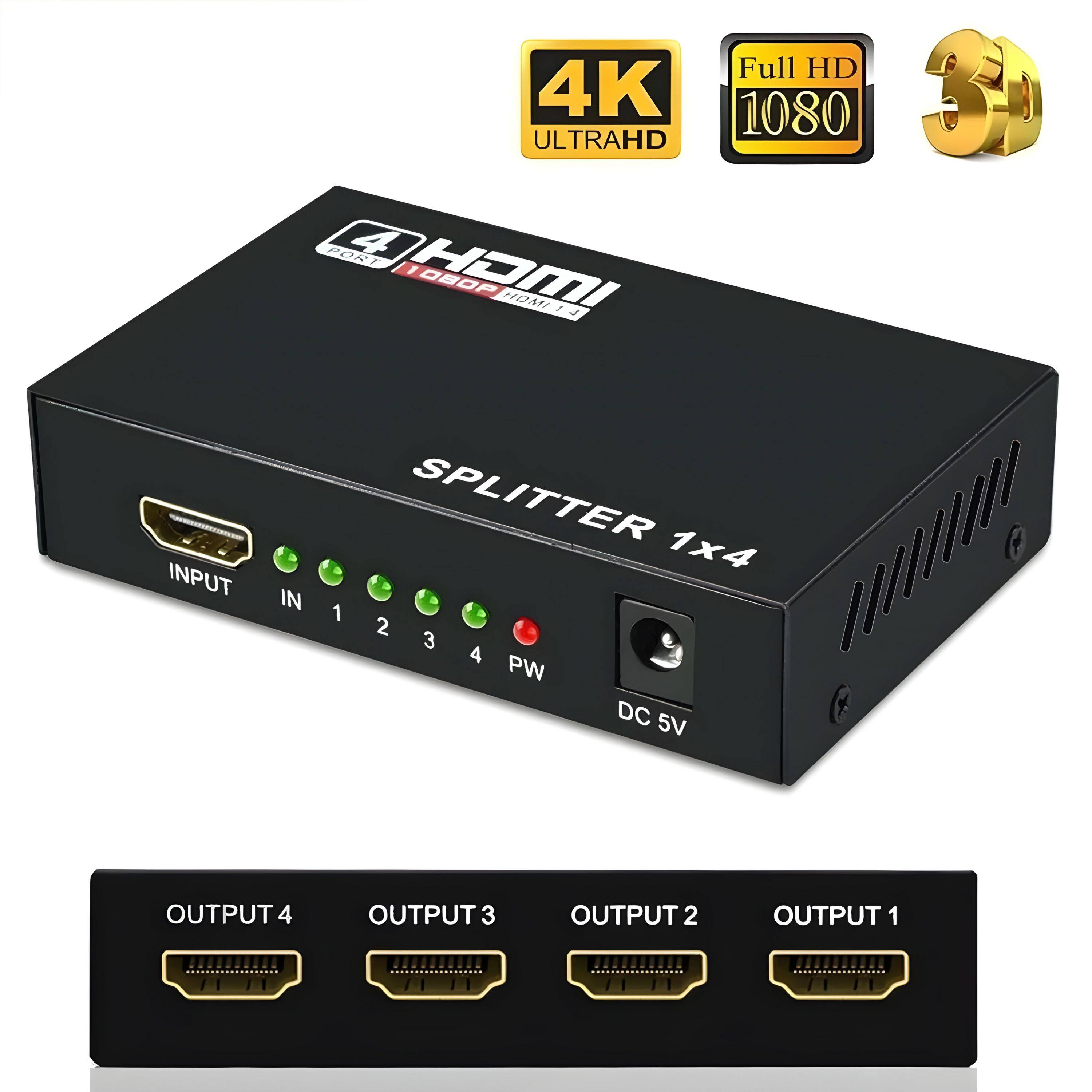 4K ULTRAHD  
Full HD 1080  
3  
SPLITTER 1x4  
INPUT IN 1 2 3 4 PW DC 5V  
OUTPUT 4  
OUTPUT 3  
OUTPUT 2  
OUTPUT 1