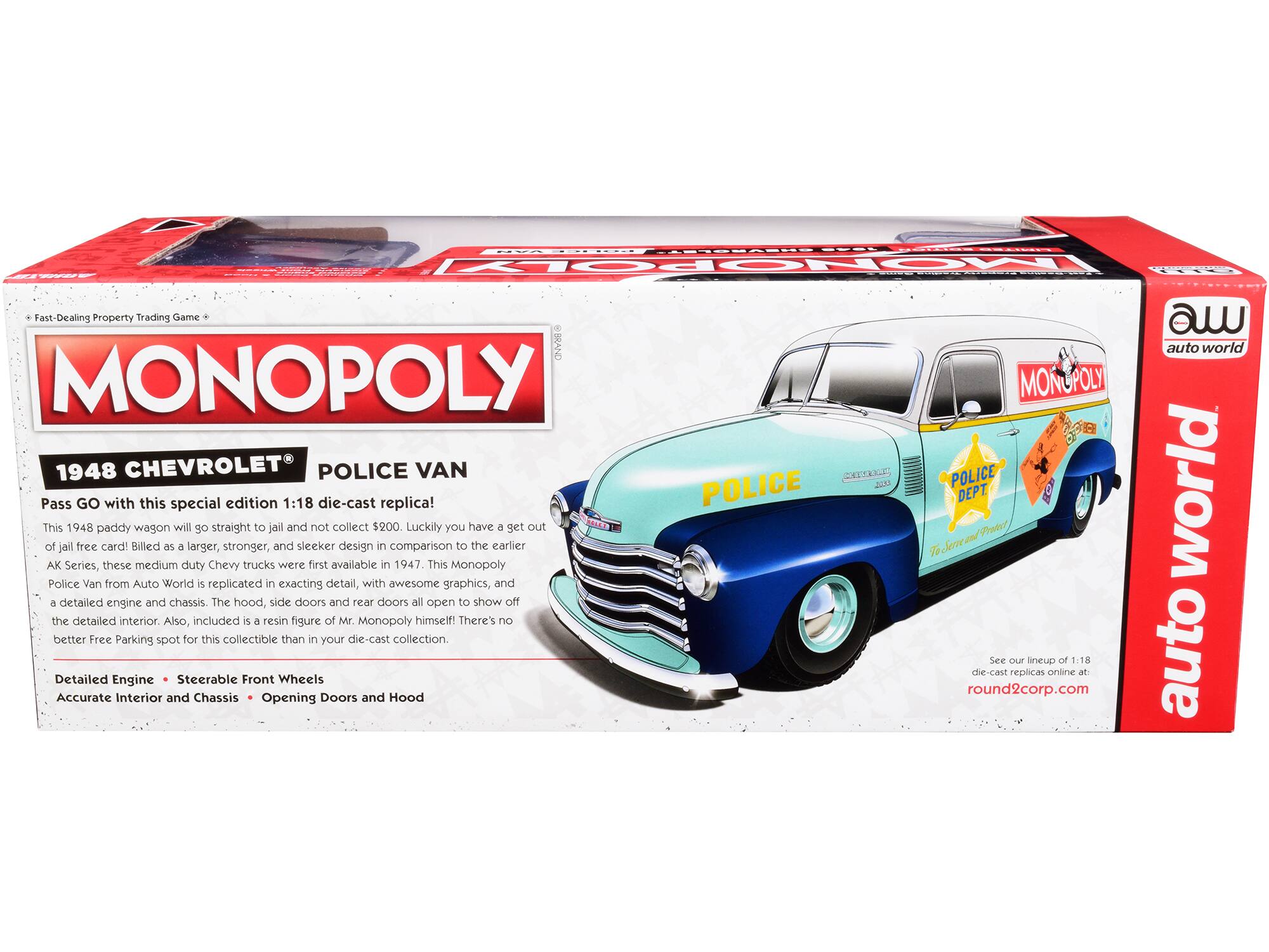 AULOI TSSUASNS SEE HOPOLY Fast-Dealing Property Trading Game IRAND MONOPOLY 1948 CHEVROLET POLICE VAN CAILE POLICE  
Pass GO with this special edition 1:18 die-cast replica! This 1948 paddy wagon will go straight to jail and not collect $200. Luckily you have a get out of jail free card! Billed as a larger, stronger, and sleeker design in comparison to the earlier AK Series, these medium duty Chevy trucks were first available in 1947. This Monopoly Police Van from Auto World is replicated in exacting detail, with awesome graphics, and a detailed engine and chassis. The hood, side doors and rear doors all open to show off the detailed interior. Also, included is a resin figure of Mr. Monopoly himself! There's no better Free Parking spot for this collectible than in your die-cast collection.  
Detailed Engine • Steerable Front Wheels  
Accurate Interior and Chassis • Opening Doors and Hood  
MONUPO POLY POLICE DEPT and Phader % ohe  
See our lineup of 1:18 die-cast replicas online at: