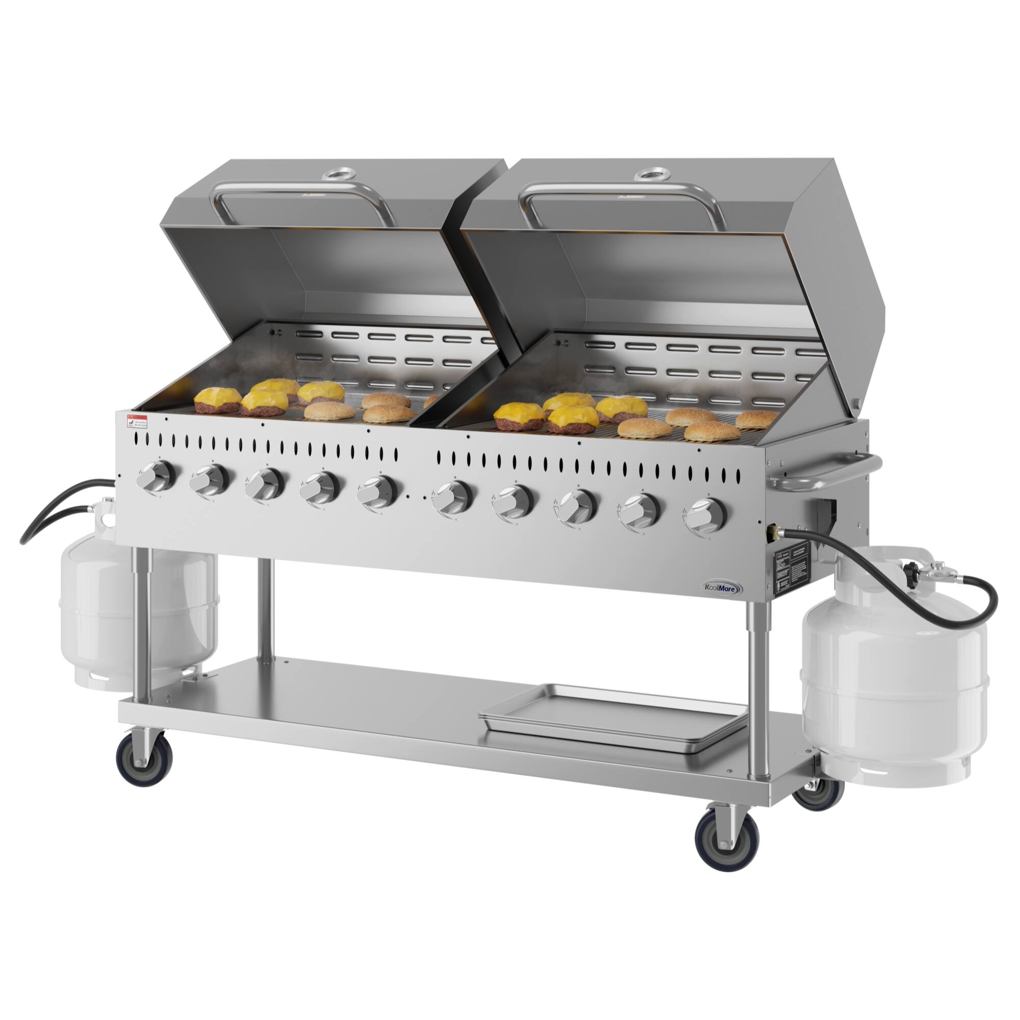 Left. Koolmore - 72 in. 10-Burner Commercial Outdoor Propane Gas Grill with Two 36 in. Roll Dome Covers in Stainless-Steel, ETL Listed - Stainless Steel.