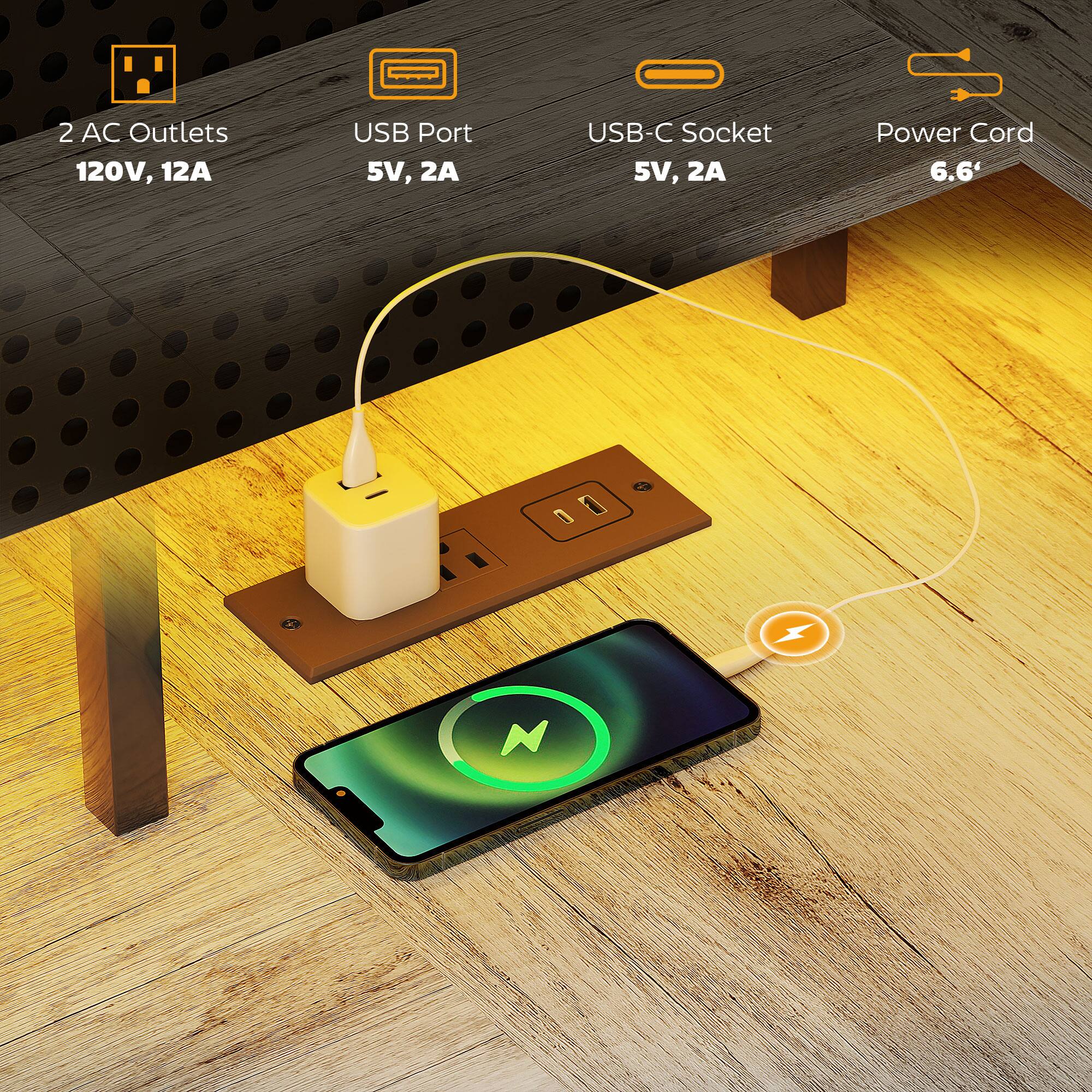 2 AC Outlets 120V, 12A, USB Port 5V, 2A, USB-C Socket 5V, 2A, Power Cord 6.6'