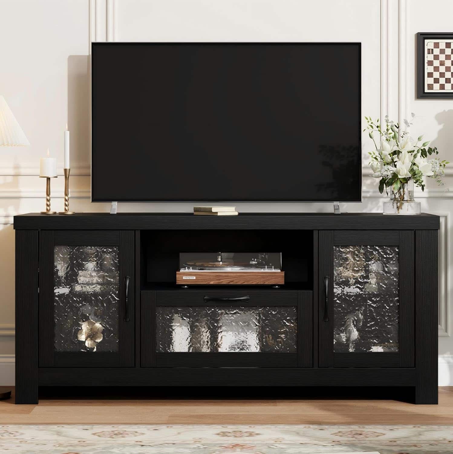 GAOMON - Farmhouse TV Stand for 55 Inch TV, Entertainment Center with Acrylic Door & Adjustable Shelves, Sideboard Buffet - Black
