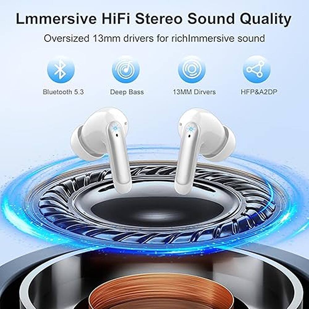 Immersive HiFi Stereo Sound Quality  
Oversized 13mm drivers for rich immersive sound  
Bluetooth 5.3  
Deep Bass  
13MM Drivers  
HFP&A2DP