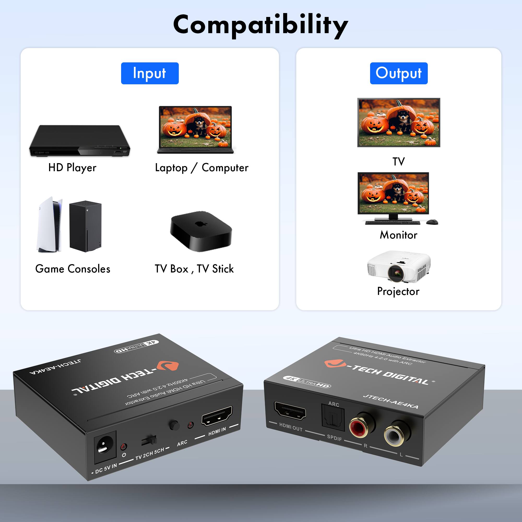 Compatibility

Input
- HD Player
- Laptop / Computer
- Game Consoles
- TV Box, TV Stick

Output
- TV
- Monitor
- Projector

JTECH DIGITAL
JTECH-AE4KA

TV 2CH 5VCH - ARC
HDMI IN
DC 5V IN

JTECH DIGITAL
JTECH-AE4KA

HDMI OUT
SPDIF
ARC