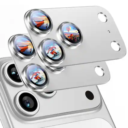 Front. Dteck - 2 Pack Camera Lens Protectors for iPhone 17 Pro Max, Strong Adsorption Metal Tempered Glass Rear Camera Cover - Silver.