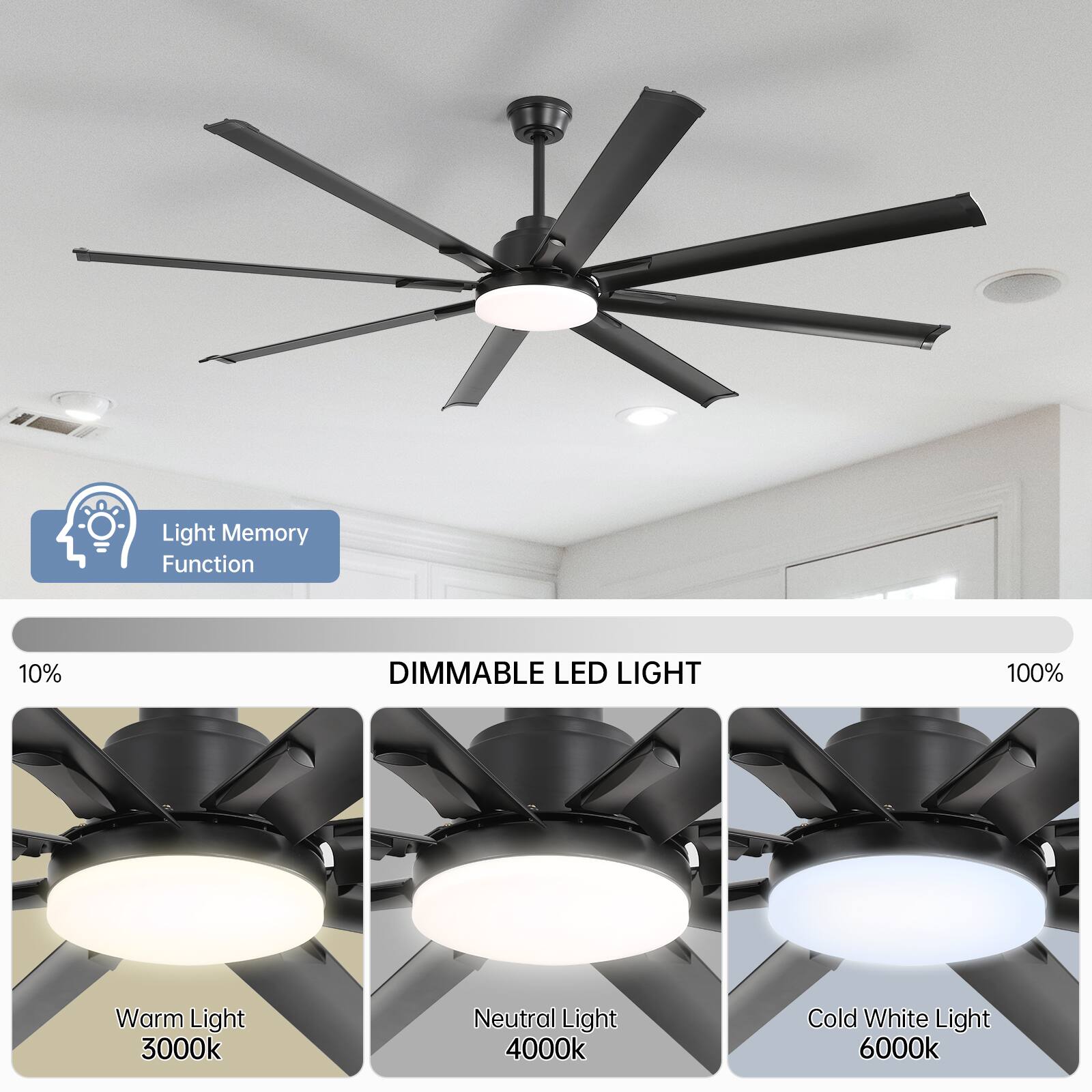Light Memory Function

DIMMABLE LED LIGHT

10% - 100%

Warm Light 3000k

Neutral Light 4000k

Cold White Light 6000k