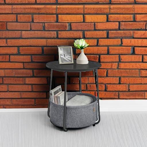 Angle. Songmics Home - Small Round Side End Table – Modern Nightstand with Fabric Basket Ebony Black - Black.