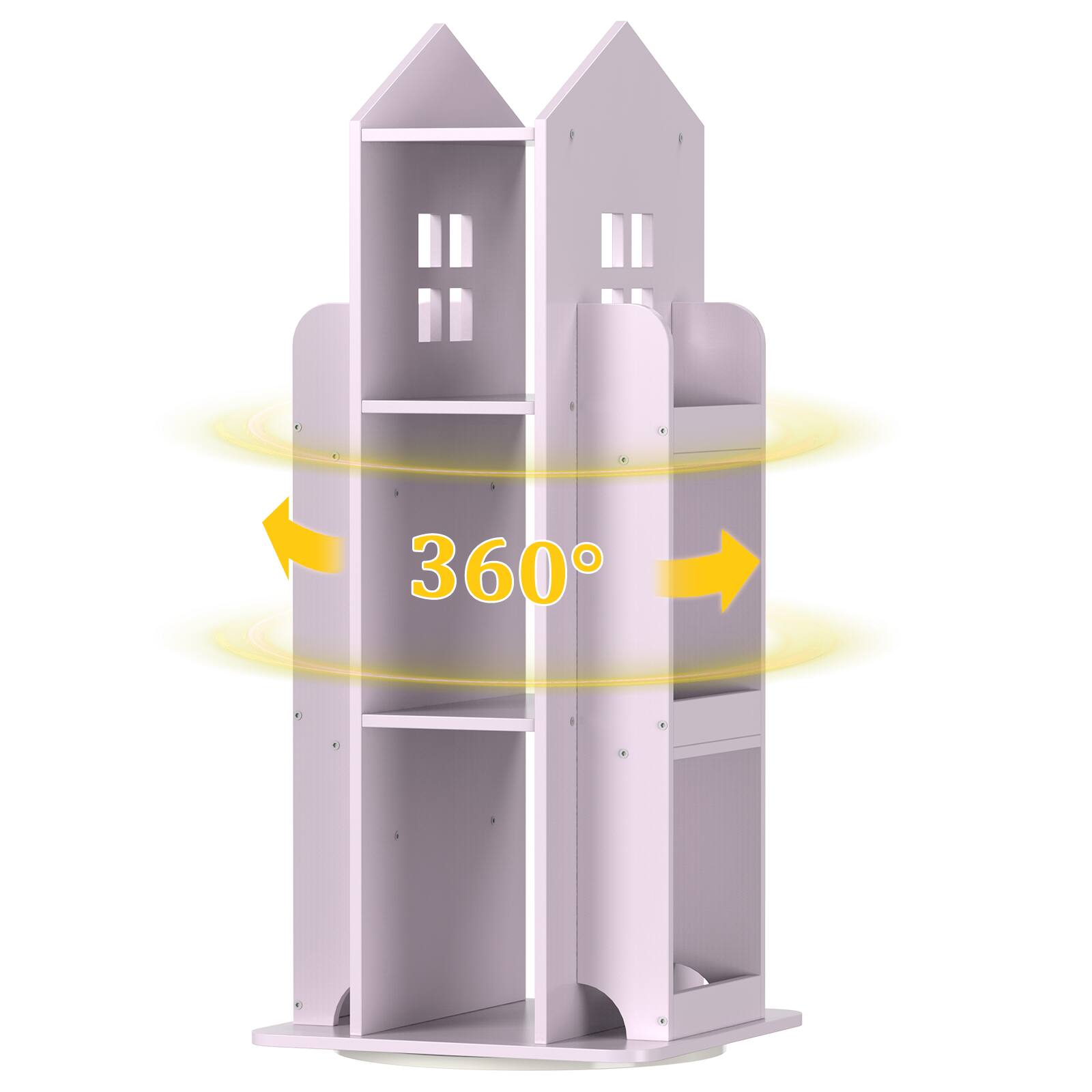 Angle. Oumilen - 360° Rotating Wood House-Shaped Bookshelf, Pink - Pink.