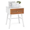 Front. Costway - 1 PCS Nightstand with Storage Drawer Rattan Decoration Solid Wood Legs for Bedroom - White + Brown.