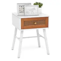 Costway 1 PCS Nightstand with Storage Drawer Rattan Decoration Solid Wood Legs for Bedroom - White + Brown - Front_Zoom