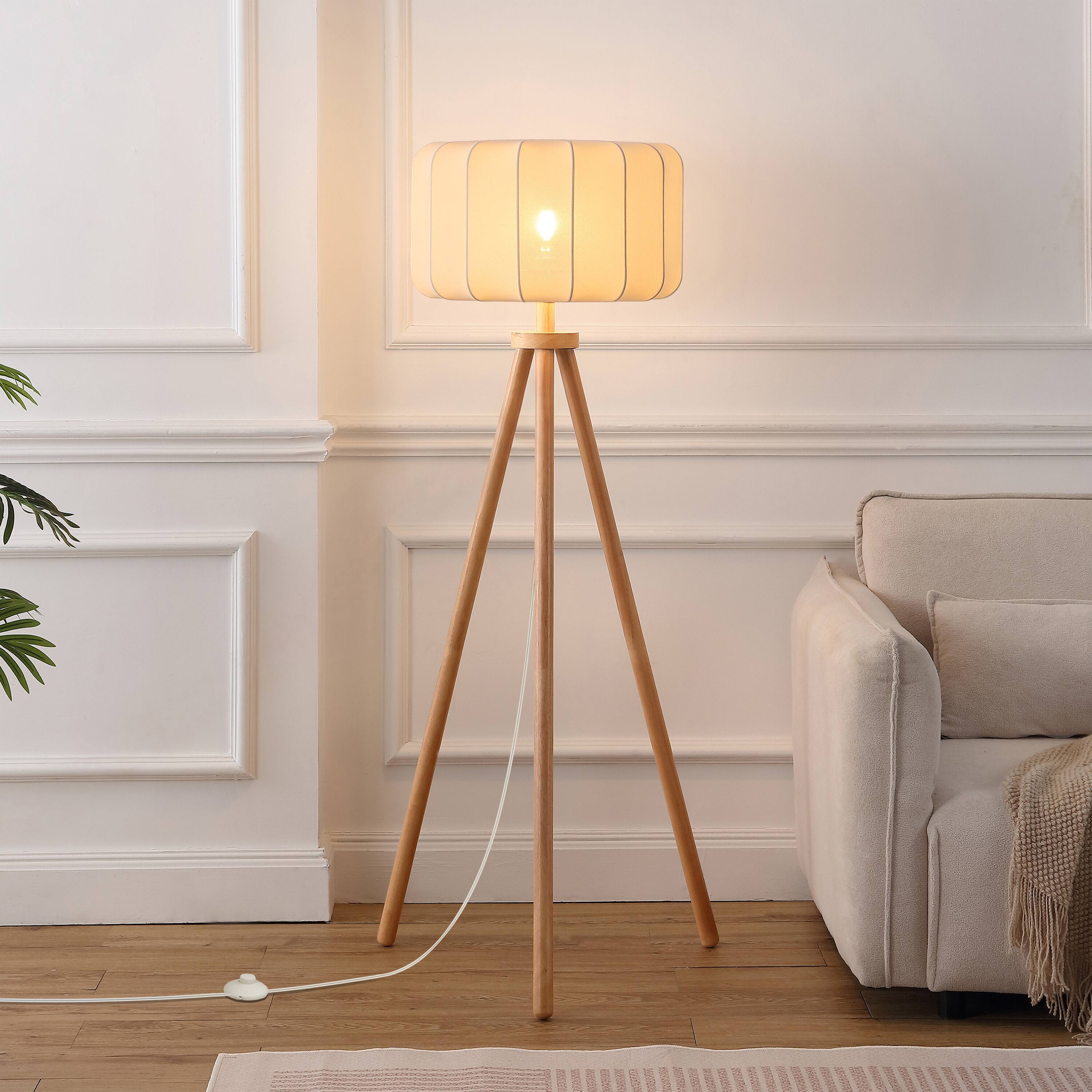 Alt View 1. Jonathan Y - Adriel 52" Mid-Century Modern Tripod Wood with Ribbed Cocoon Pumpkin Shade LED Floor Lamp, White/Light Brown - Light Brown Wood.