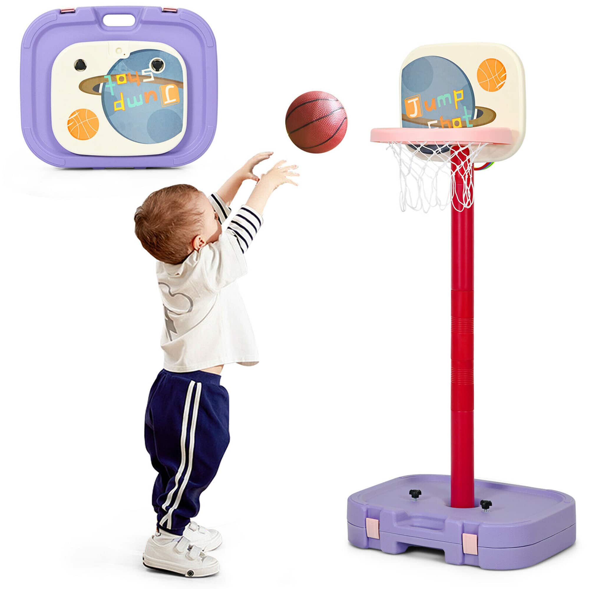 Costway - Portable 2 in 1 Kids Basketball Hoop Stand w/Ring Toss & Storage Box - Purple