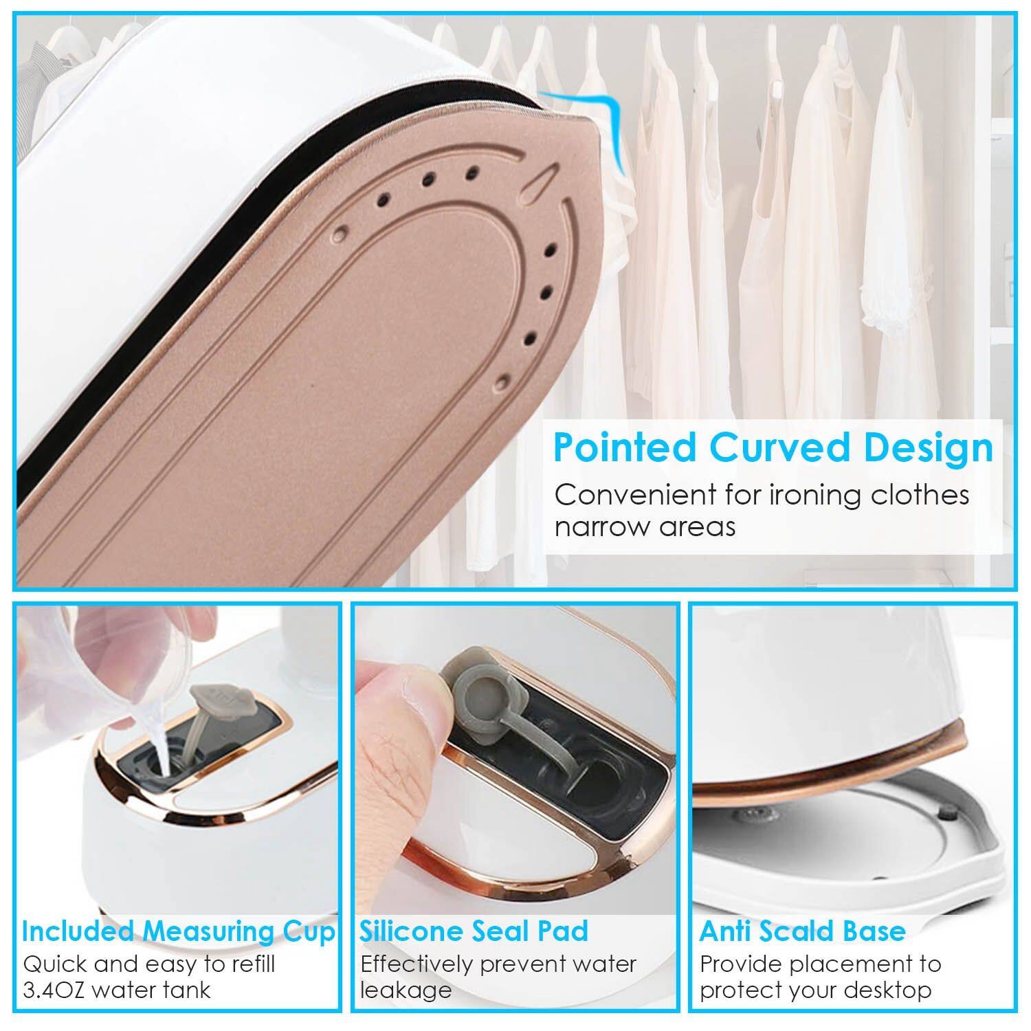 - Pointed Curved Design: Convenient for ironing clothes narrow areas
- Included Measuring Cup: Quick and easy to refill 3.4OZ water tank
- Silicone Seal Pad: Effectively prevent water leakage
- Anti Scald Base: Provide placement to protect your desktop