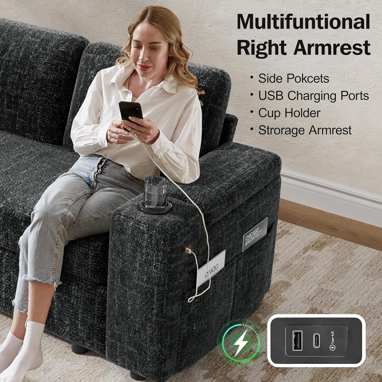 Multifunctional Right Armrest

- Side Pockets
- USB Charging Ports
- Cup Holder
- Storage Armrest