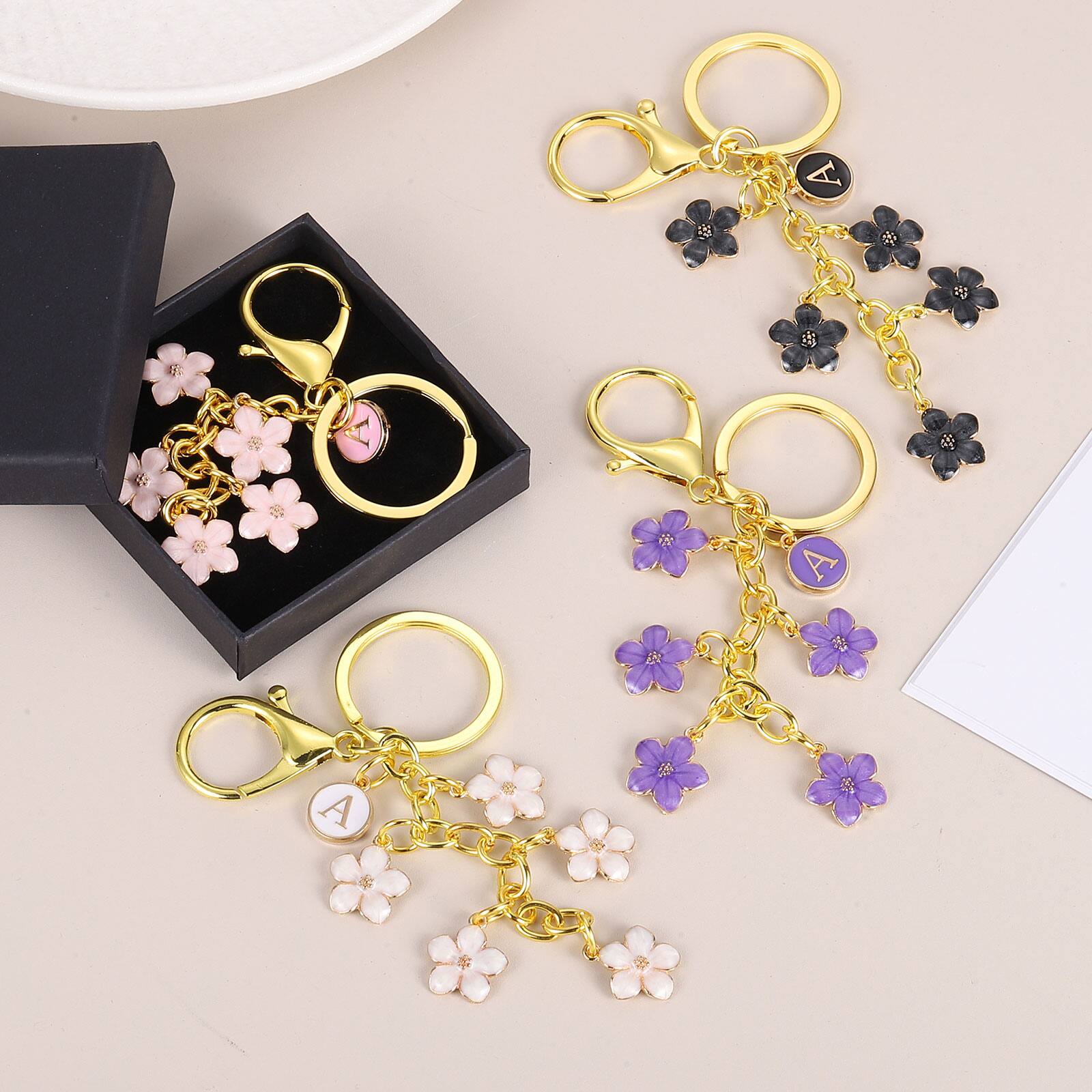 Alt View 3. Unique Bargains - Elegant 2pcs Alphabet O Initial Flower Letter Keychain Charm for Women Purse Handbag Backpack Bags Accessories - White.
