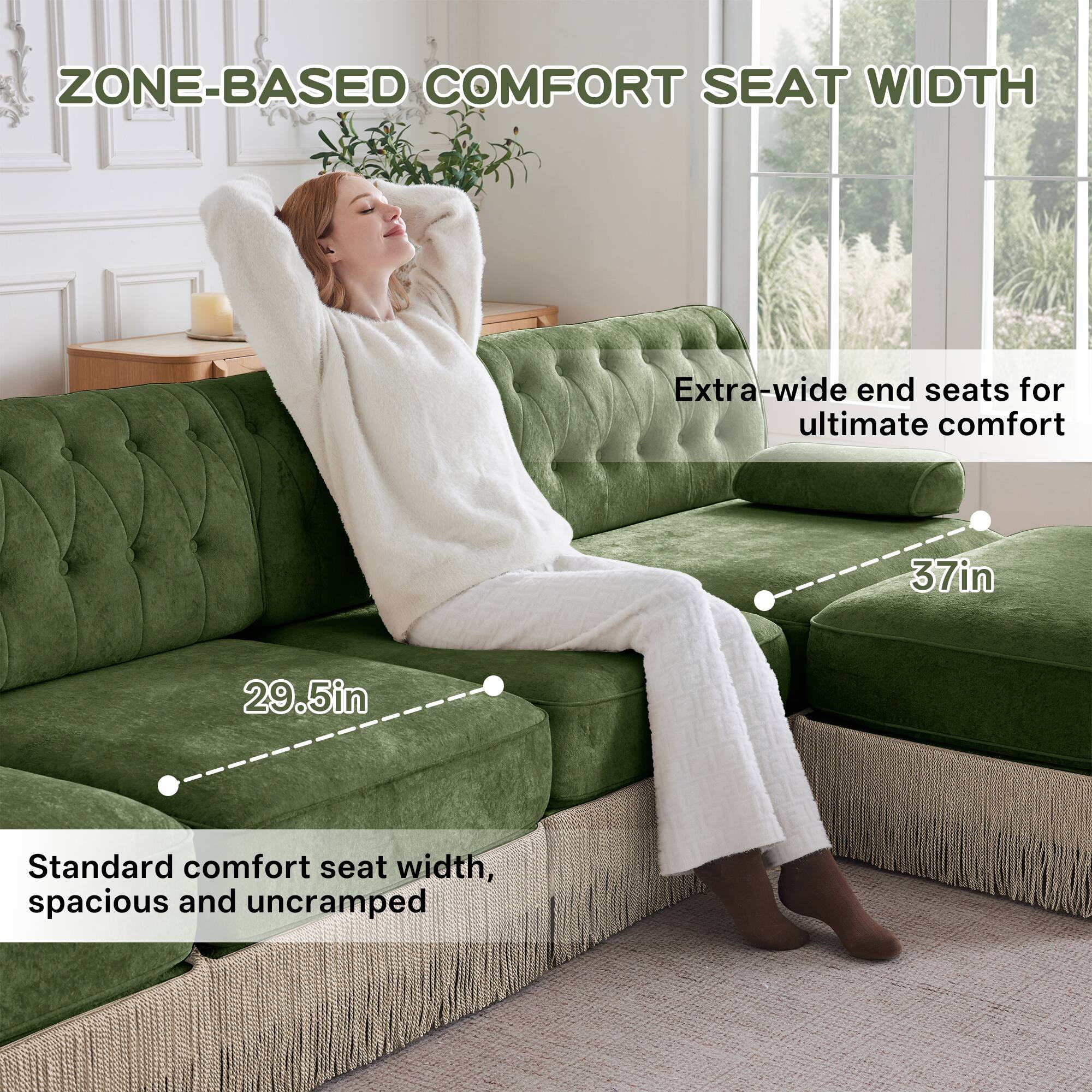 ZONE-BASED COMFORT SEAT WIDTH

Extra-wide end seats for ultimate comfort

37in

Standard comfort seat width, spacious and uncramped

29.5in