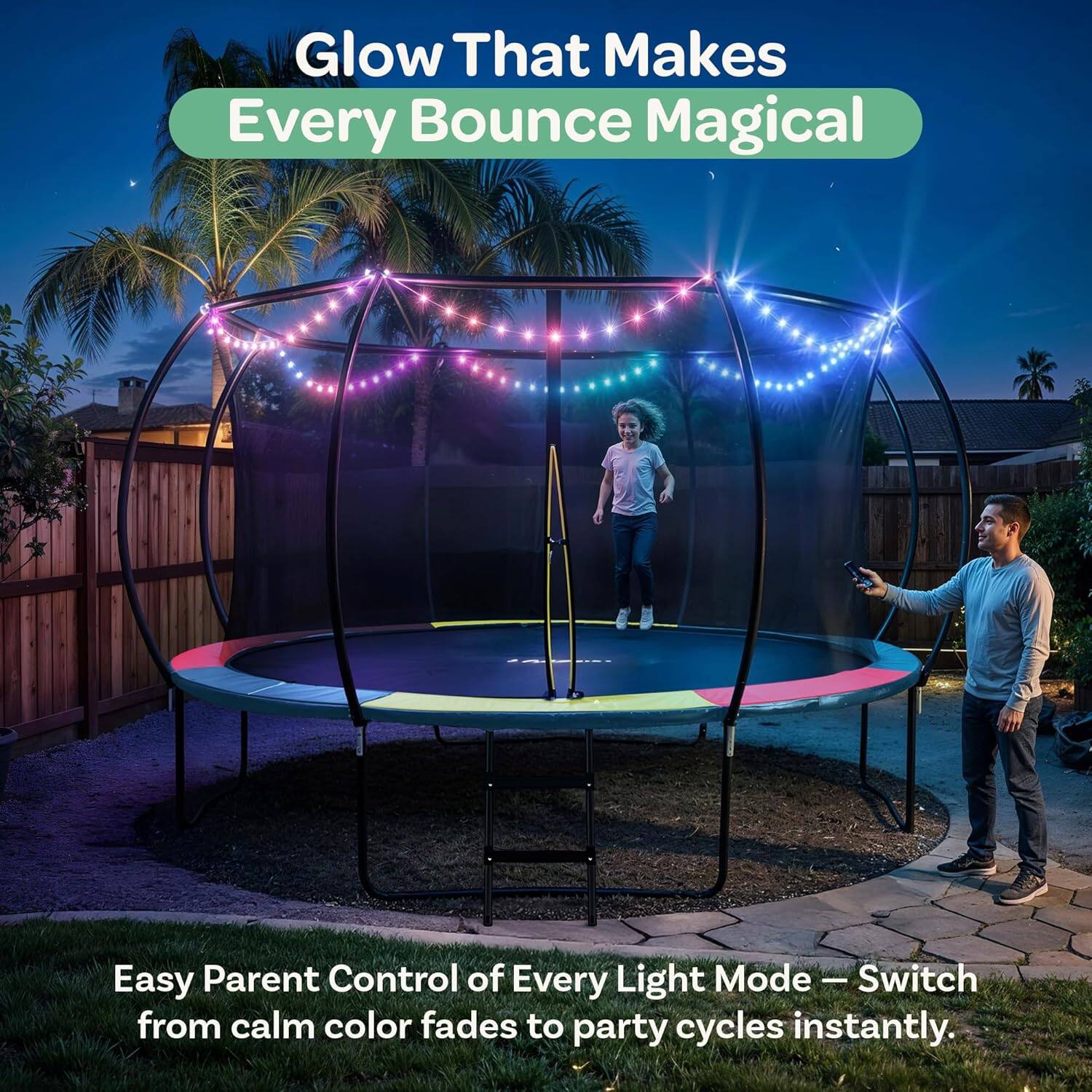 Glow That Makes Every Bounce Magical

Easy Parent Control of Every Light Mode - Switch from calm color fades to party cycles instantly.