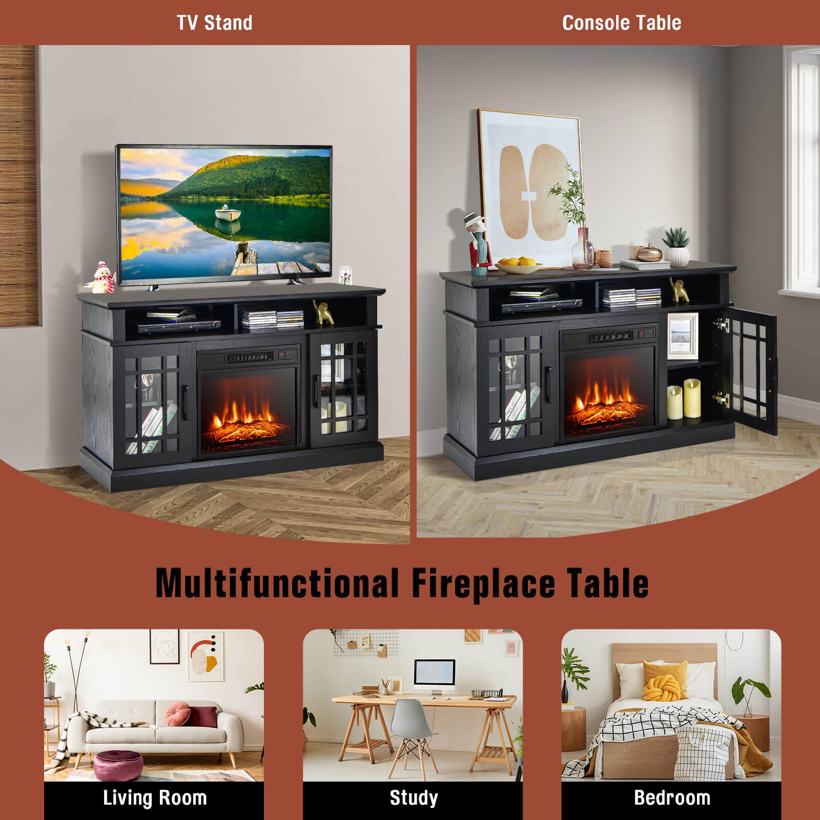 The image features a multifunctional fireplace table that can be used as a TV stand, console table, or a coffee table. The table is designed to provide warmth and ambiance to the living room, study, or bedroom. The table is accompanied by a laptop and a keyboard, suggesting that it can also serve as a workspace. The room also includes a couch, a potted plant, and a vase, creating a cozy and functional living space.