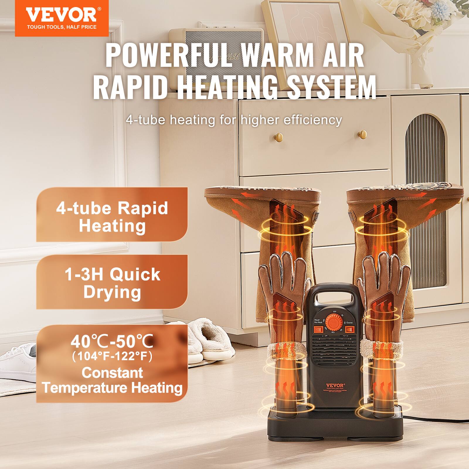 VEVOR  
TOUGH TOOLS, HALF PRICE  

POWERFUL WARM AIR RAPID HEATING SYSTEM  
4-tube heating for higher efficiency  

4-tube Rapid Heating  
1-3H Quick Drying  
40°C-50°C (104°F-122°F) Constant Temperature Heating  

VEVOR