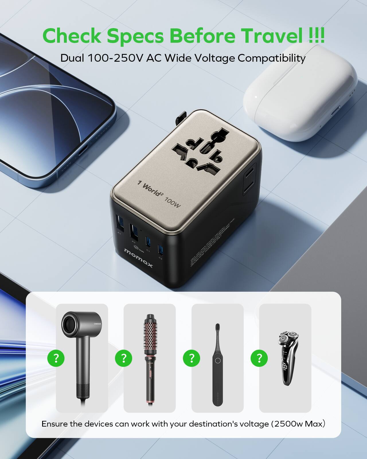 Check Specs Before Travel!!!

Dual 100-250V AC Wide Voltage Compatibility

1 World² 100W

Ensure the devices can work with your destination's voltage (2500w Max)