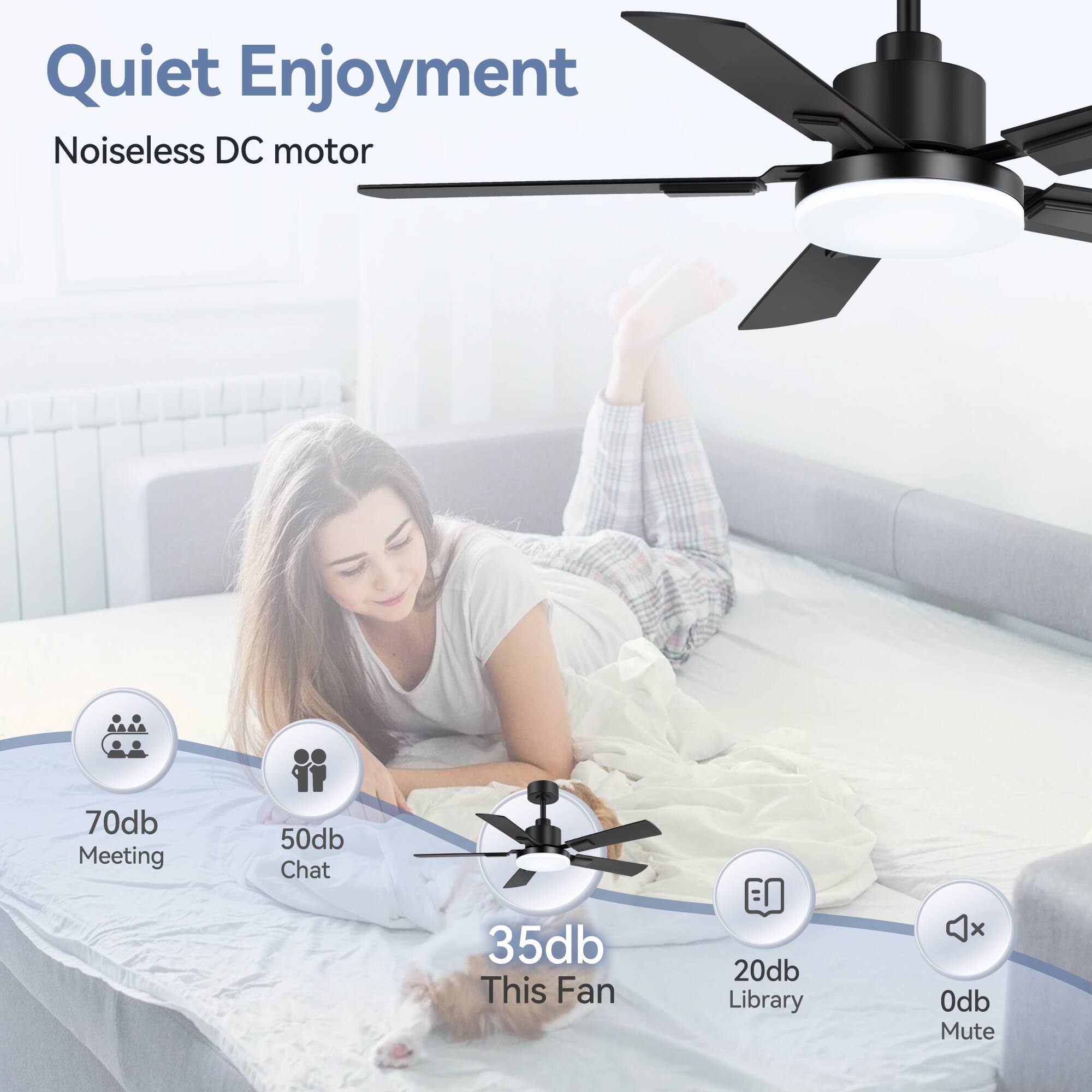 Quiet Enjoyment, Noiseless DC motor, 70db Meeting, 50db Chat, 35db This Fan, 20db Library, 0db Mute