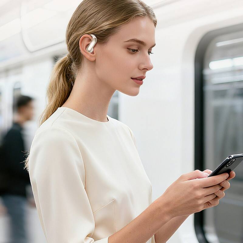 Alt View 1. SKRAN - Open-Ear Wireless Bluetooth Headphones-Thin Earhook ,Noise Cancelling, Clear Call, for Running, Cycling, Office - Off-white.