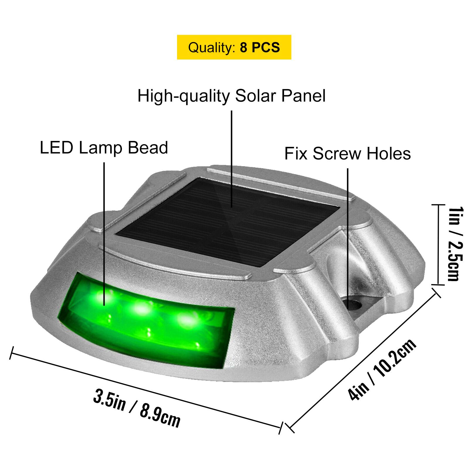Quality: 8 PCS

High-quality Solar Panel

LED Lamp Bead

Fix Screw Holes

1in / 2.5cm

3.5in / 8.9cm

4in / 10.2cm
