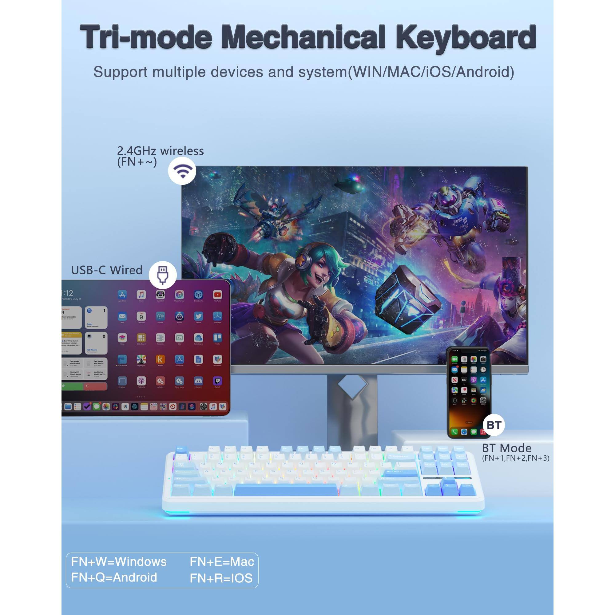 Tri-mode Mechanical Keyboard  
Support multiple devices and system (WIN/MAC/iOS/Android)

2.4GHz wireless (FN+~)  
USB-C Wired  
BT Mode (FN+1, FN+2, FN+3)

FN+W=Windows  
FN+E=Mac  
FN+Q=Android  
FN+R=iOS