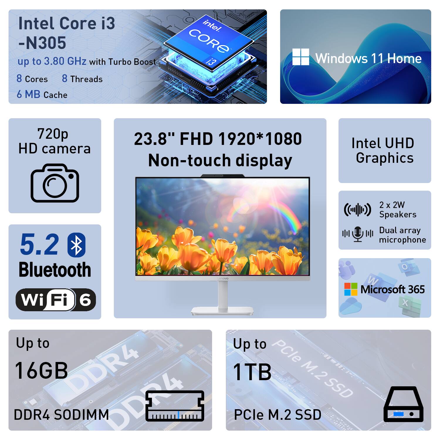Intel Core i3 -N305 up to 3.80 GHz with Turbo Boost  
8 Cores  
8 Threads  
6 MB Cache  

Windows 11 Home  

720p HD camera  

23.8" FHD 1920*1080 Non-touch display  

Intel UHD Graphics  

5.2 Bluetooth  
Wi-Fi 6  

Up to 16GB DDR4 SODIMM  

2 x 2W Speakers  
Dual array microphone  

Microsoft 365  

Up to 1TB PCIe M.2 SSD