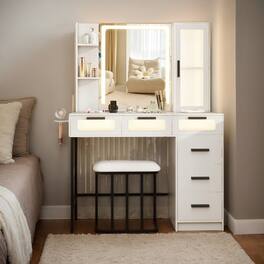 Kadyn - Table & Chair Vanity Set, Vanity Set,Makeup Vanity Desk with 3-Color Induction LED Lights and 6 Drawers - White