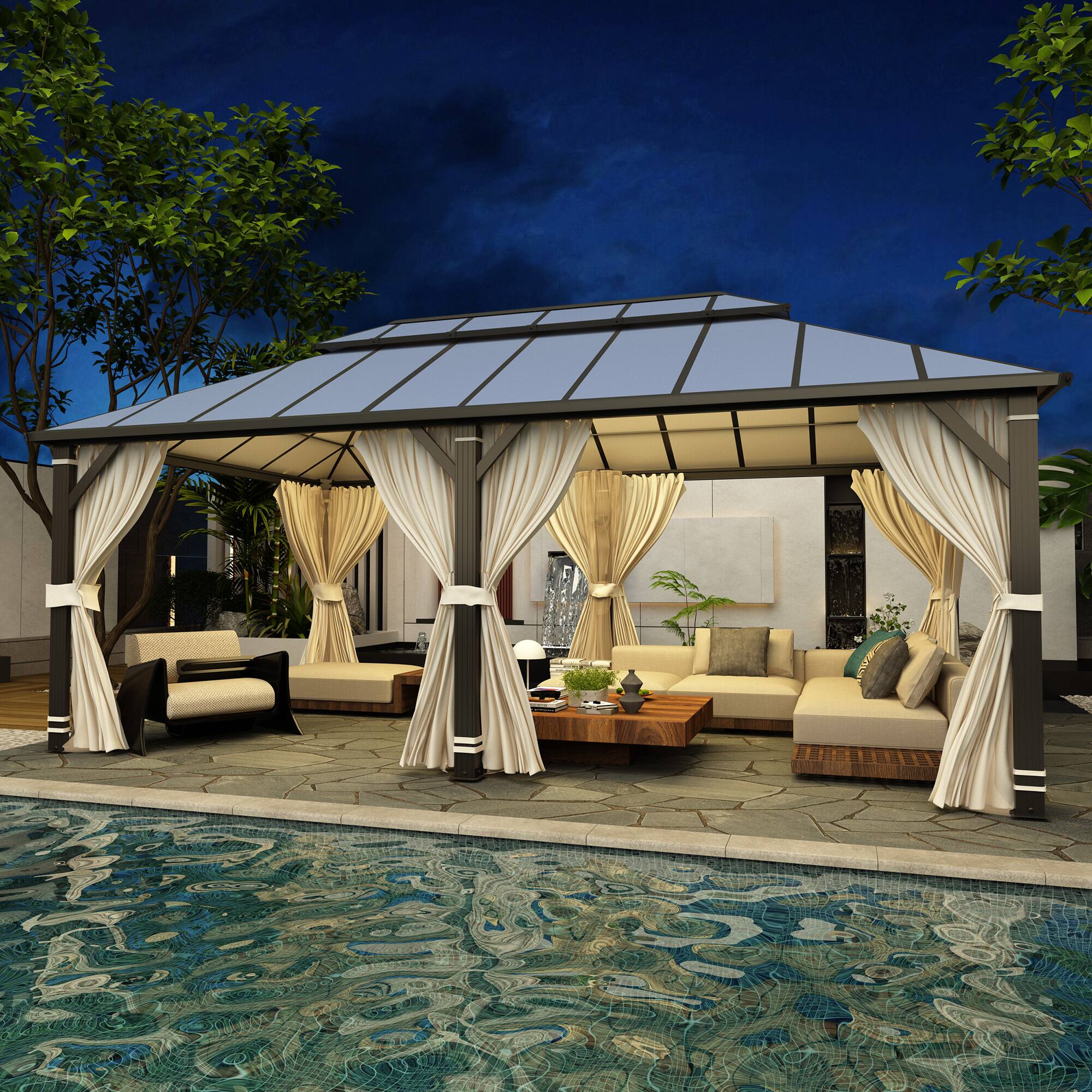 Left. U-HOMY - 12'x20' Hardtop Gazebo, Waterproof Aluminum Pavilion with Netting & Curtains for Patio, Garden - Dusty Blue.