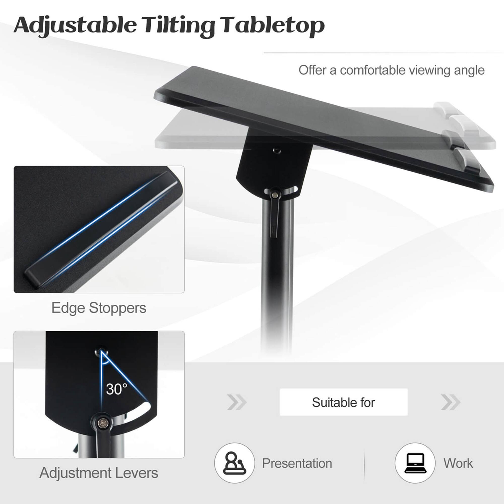 Adjustable Tilting Tabletop offers a comfortable viewing angle, thanks to its edge stoppers and 30-degree adjustment levers. This product is suitable for both work and presentation purposes, making it a versatile and practical addition to any workspace.
