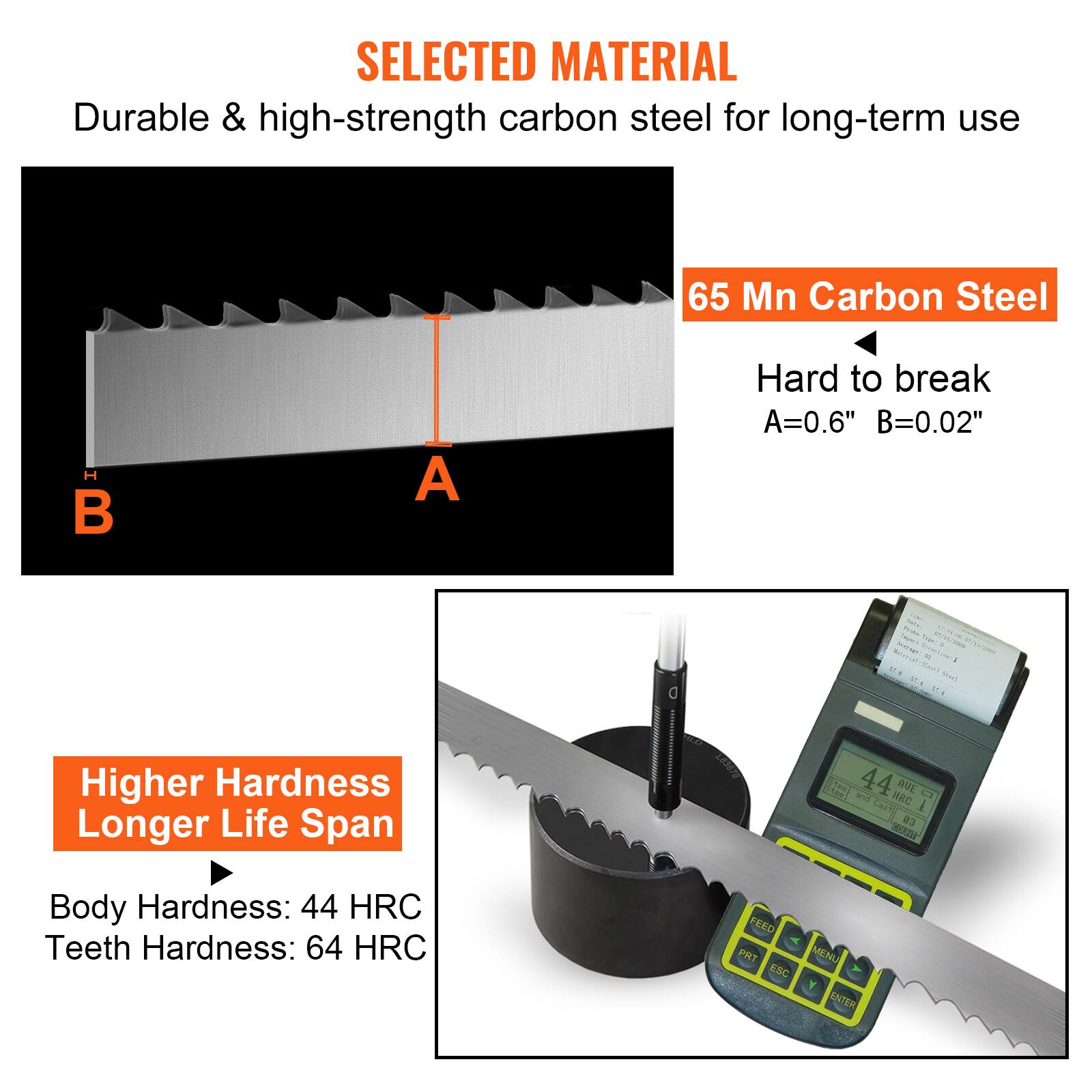 SELECTED MATERIAL  
Durable & high-strength carbon steel for long-term use  

65 Mn Carbon Steel  
Hard to break  
A=0.6" B=0.02"  

Higher Hardness Longer Life Span  
Body Hardness: 44 HRC  
Teeth Hardness: 64 HRC
