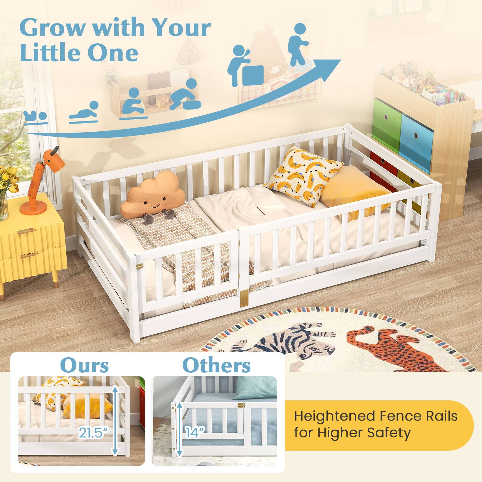 Grow with Your Little One, Heightened Fence Rails for Higher Safety, Ours 21.5", Others 14"