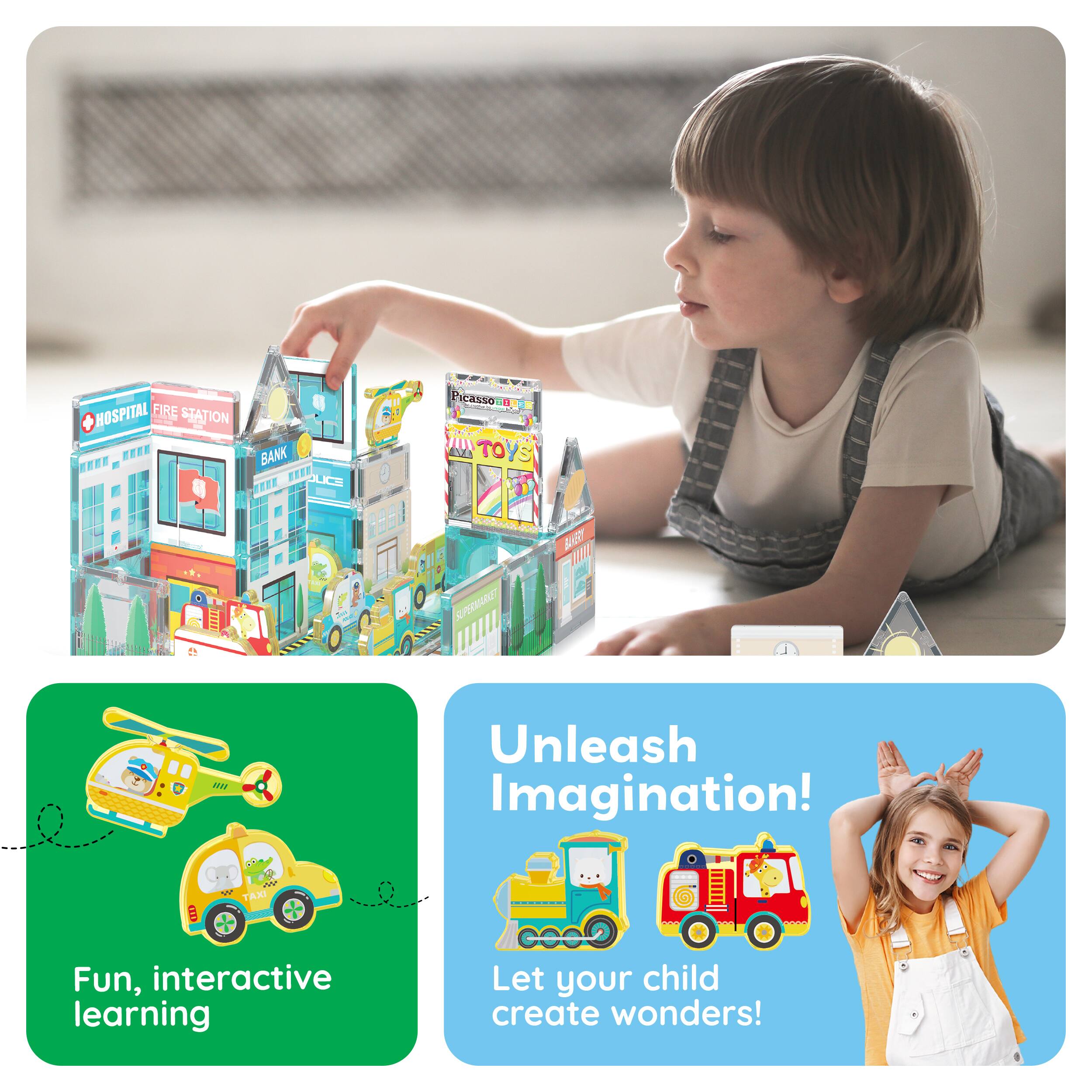 HOSPITAL FIRE STATION | BANK  
Picasso TOYS  
Unleash Imagination!  
Fun, interactive learning  
Let your child create wonders!