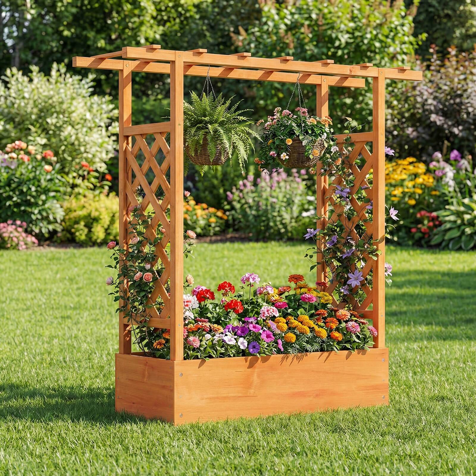Alt View 1. Costway - Costway 1 PCS Wooden Raised Garden Bed with Trellis & Hanging Roof, Drainage Holes for Plants - Orange.