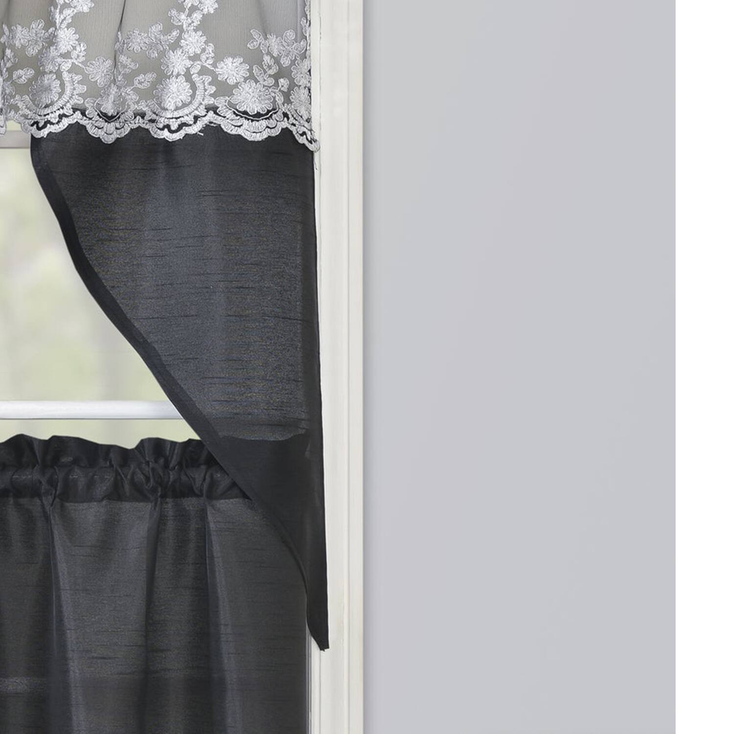Alt View 2. RT Designers Collection - RT Designers Collection Polyester Bethany Embroidered 3 PC Kitchen Curtains Tier & Swag Set 60" x 36" Black - Black.