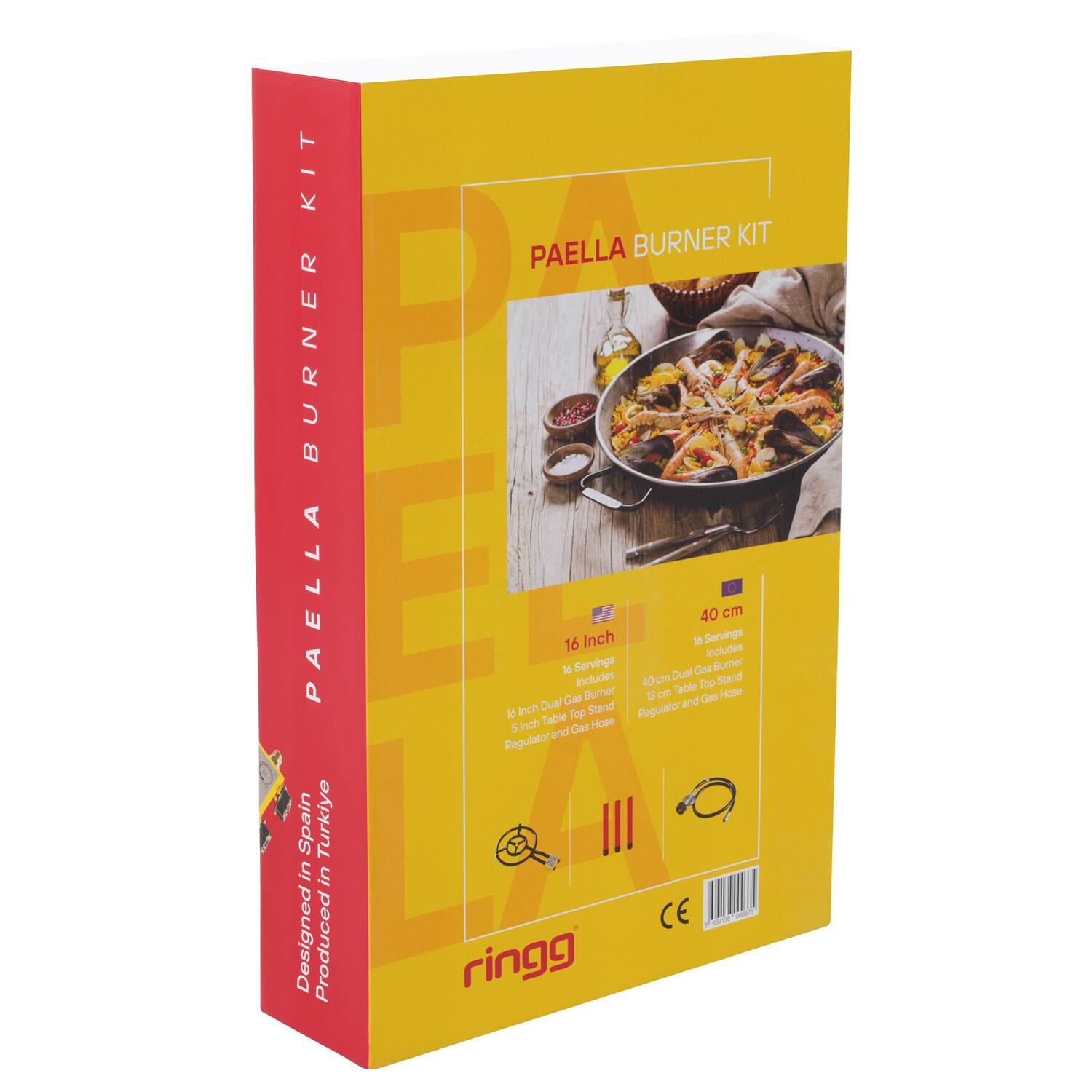 PAELLA BURNER KIT

Designed in Spain  
Produced in Türkiye

16 Inch  
16 Servings  
40 cm Dual Gas Burner  
40 cm Table Top Stand  
13 Table Top Regulator and Gas Hose

40 cm  
16 Servings  
Includes Dual Gas Burner  
40 cm Table Top Stand  
13 Table Top Regulator and Gas Hose

ringg