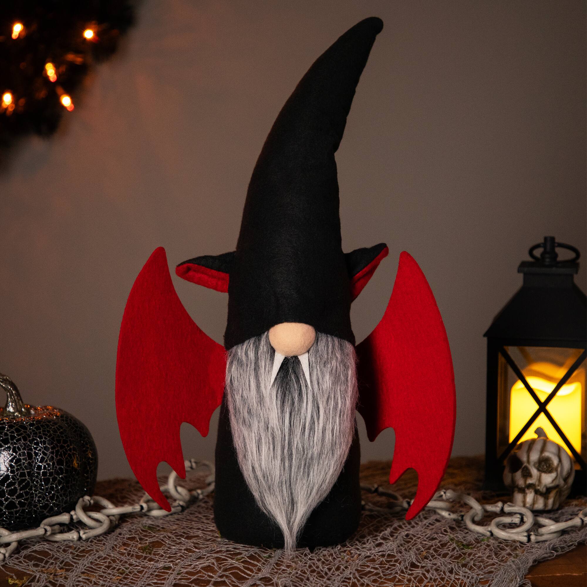 Front. Northlight - Vampire Halloween Gnome with Bat Wings and Fangs - 17" - Black.