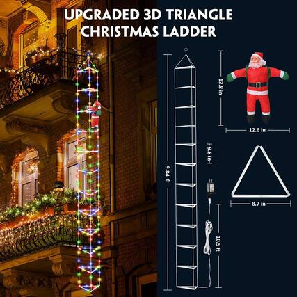 UPGRADED 3D TRIANGLE CHRISTMAS LADDER
- 9.84 ft
- 13.8 in
- 12.6 in
- 8.7 in
- 10.5 ft