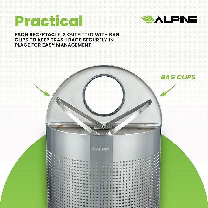 Practical

EACH RECEPTACLE IS OUTFITTED WITH BAG CLIPS TO KEEP TRASH BAGS SECURELY IN PLACE FOR EASY MANAGEMENT.

BAG CLIPS

ALPINE

ALPINE